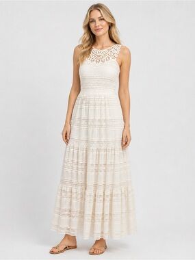 Eliza J Embroidered Lace Maxi Dress Mixed Media Cottagecore Ivory Cream 12 NWT